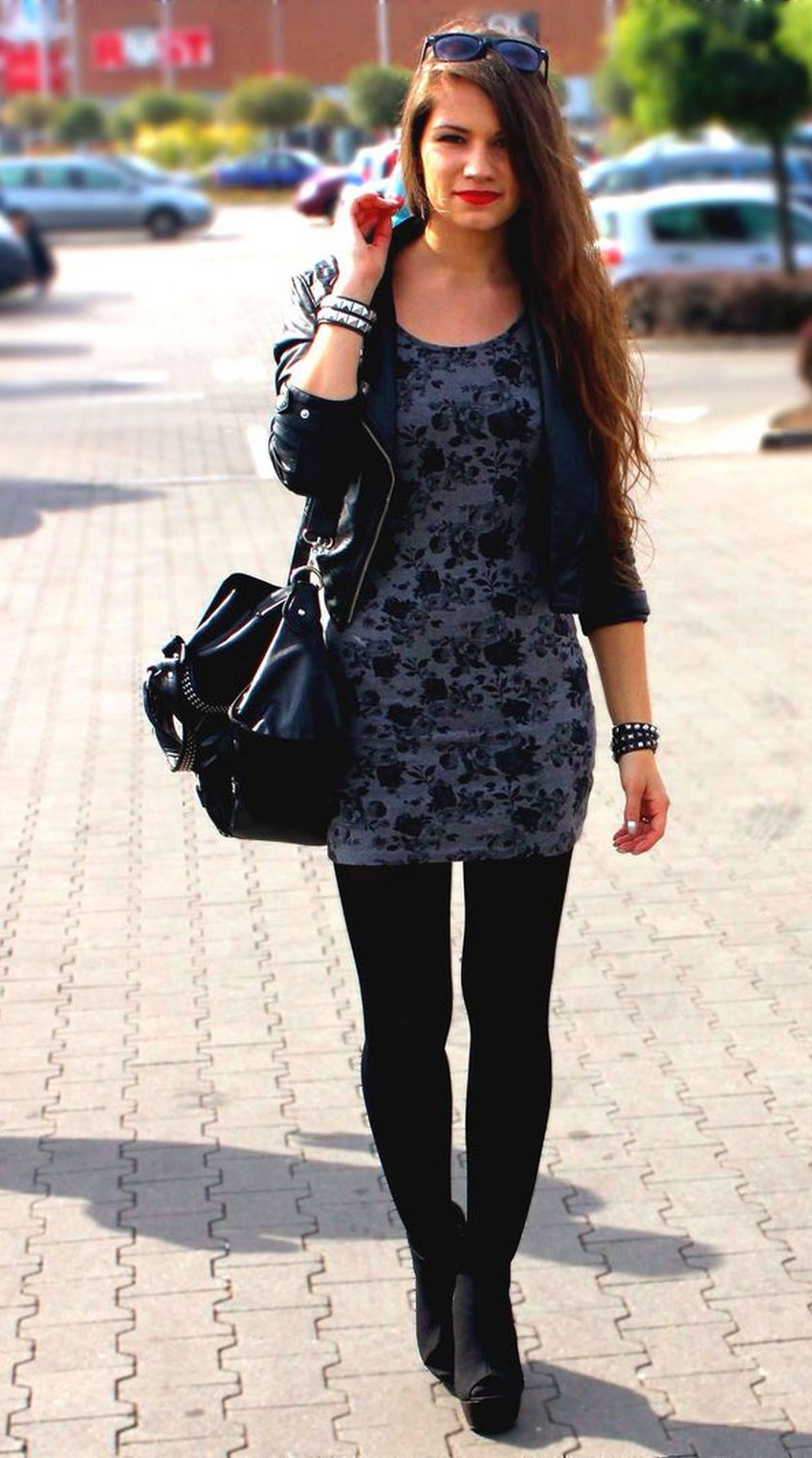 Auburn Young Woman wearing Black Opaque Pantyhose and Blue Cotton Mini Dress